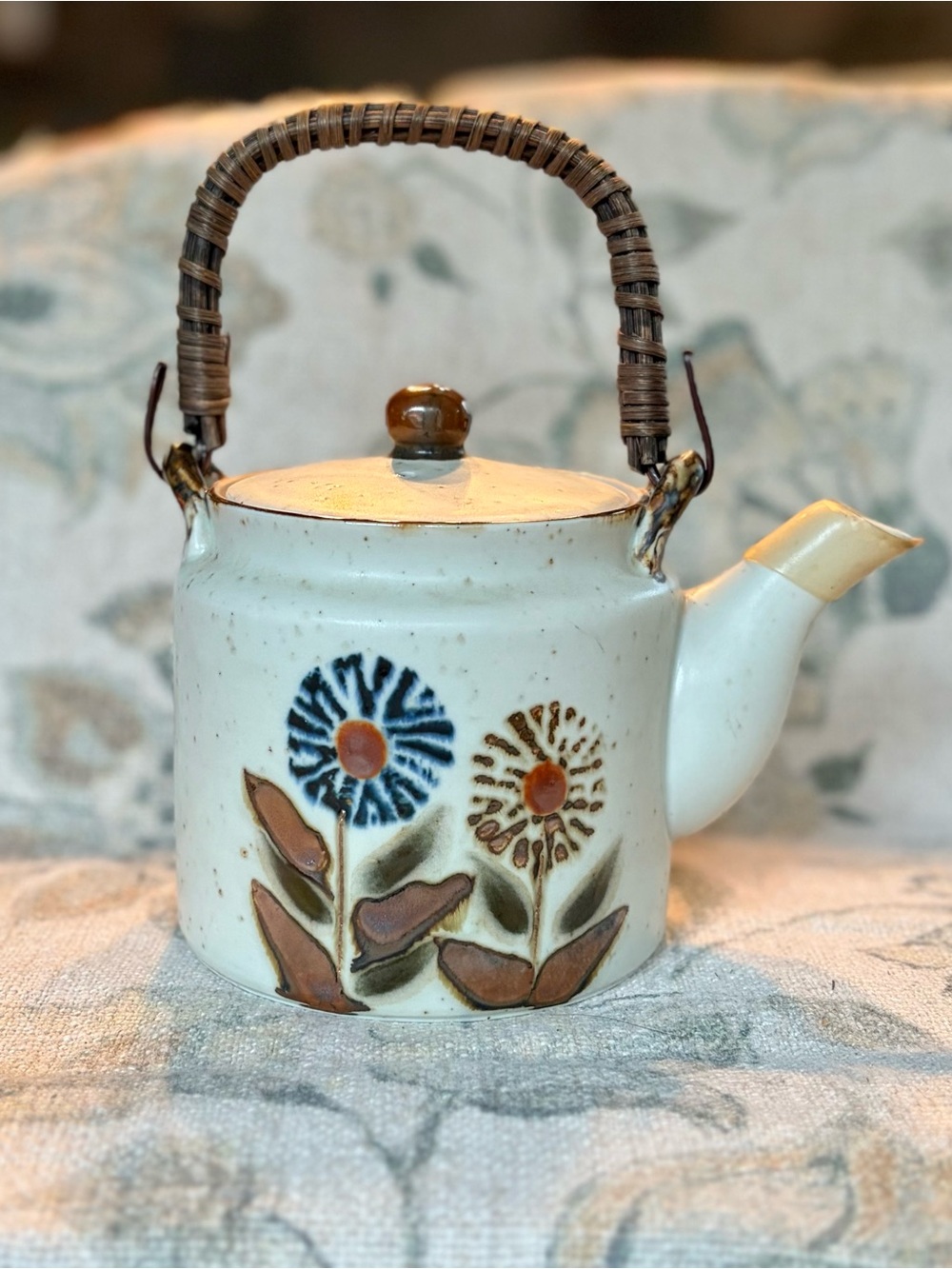Hand-painted Ceramic Teapot in White with Blue & Brown Floral Motif